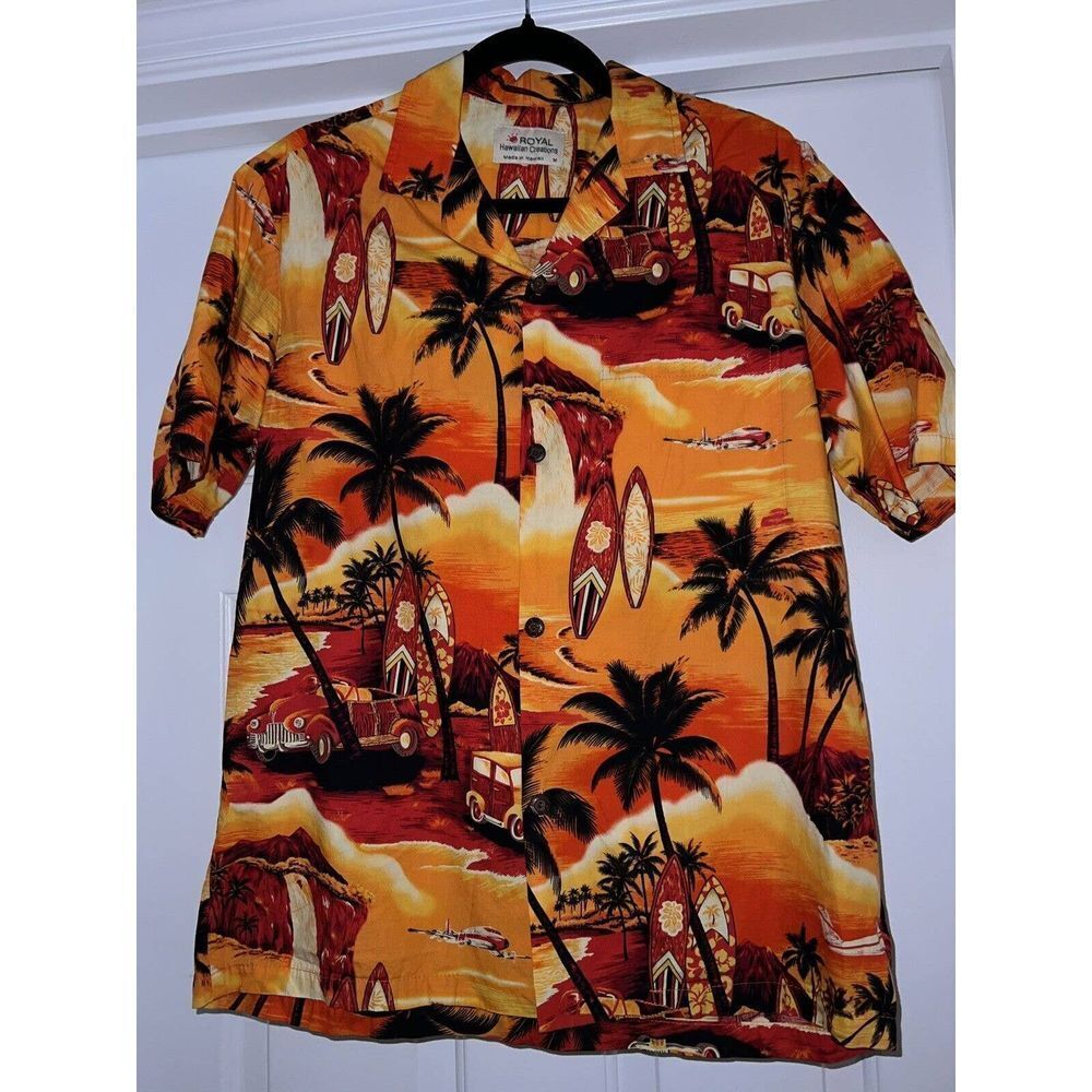 Royal Creations Hawaiian‎ Shirt Vivid Orange and Yellow Surfboard Woody Plane M